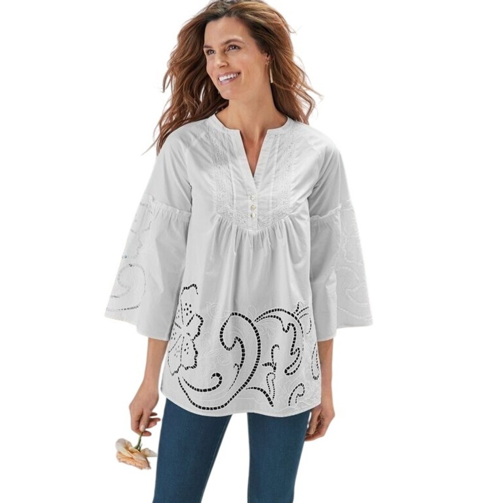 NWT Soft Surroundings Flora Eterna Tunic‎ White Eyelet Lace Trim Cotton M 10-12